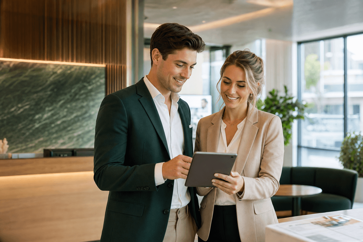 Professional real estate team reviewing agency performance on a tablet